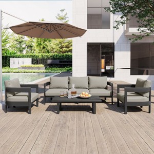 4-Piece Outdoor Patio Seating Set, Round Armrest Conversation Chair with Coffee Table, Chairs with Iron Frame and Foam Cushions-Cuddlewood - 1 of 4