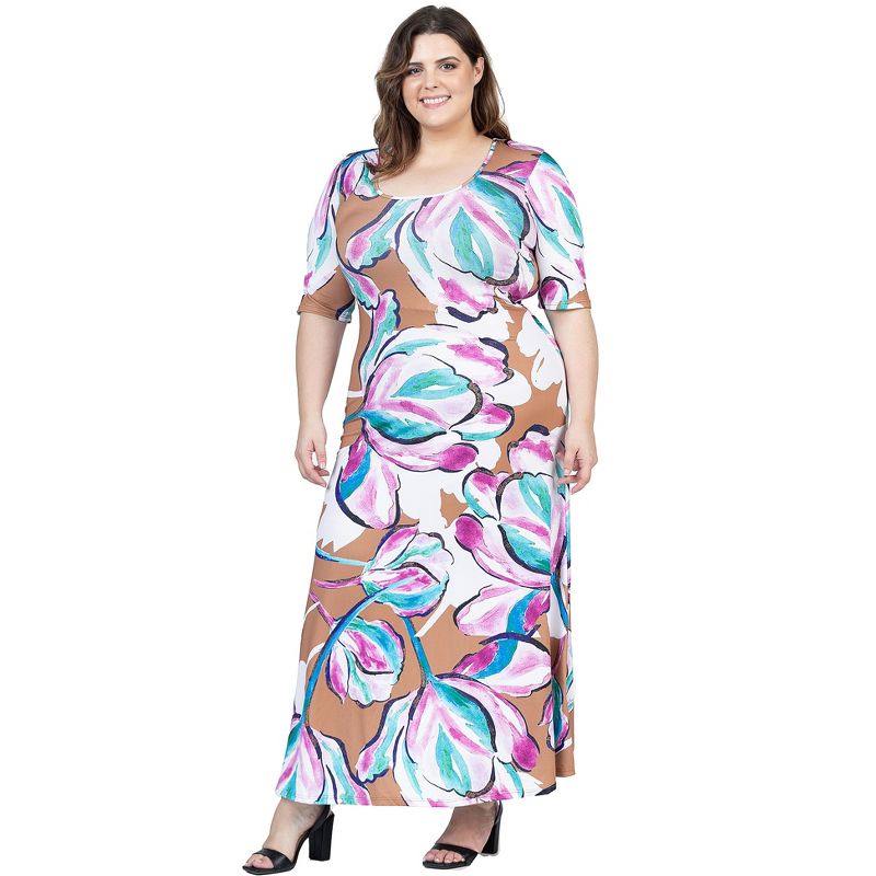 24seven Comfort Apparel Plus Size Pink Floral Elbow Sleeve Casual A Line Maxi Dress, 2 of 7