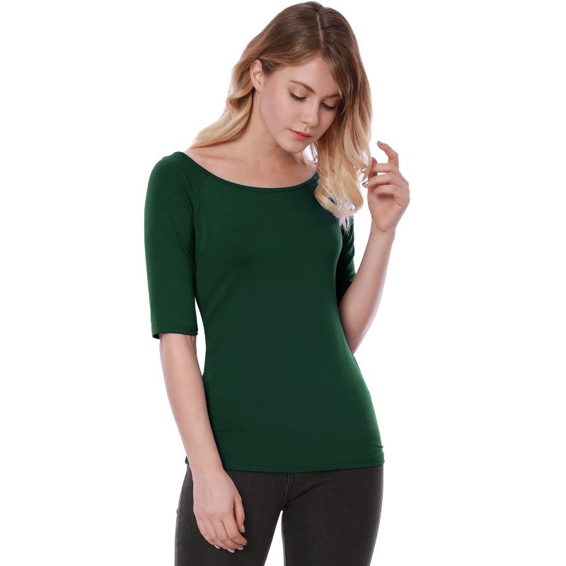 Allegra K Women's Half Sleeves Scoop Neck Fitted Layering Soft T-Shirt, 5 of 8