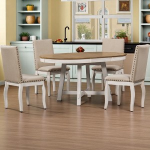 5-Piece Dining Table Set, Round Extendable Wood Table with Leaf and 4 Upholstered Chairs, Solid Wood Frame, Distressed Finish for Dining Room - 1 of 4