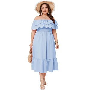 Women Plus Size Off Shoulder Maxi Dress Ruffle Flowy Summer Casual Boho Long Dresses - 1 of 4