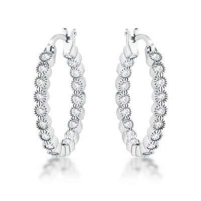 ShineHigh Dotted Clear CZ Round Bezel Hoop Earrings for Women – Mid-Sized 24mm Hoops with Pave CZ in Rose Gold, Gold, or Rhodium-Plated Finish
