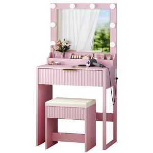 ChicFurnit Vanity Tables Makeup Vanity Desk Vanity Table Set Dressing Table with Square Mirror for Bedroom, Pink, 27.13"*15.71"*52.87" - 1 of 4