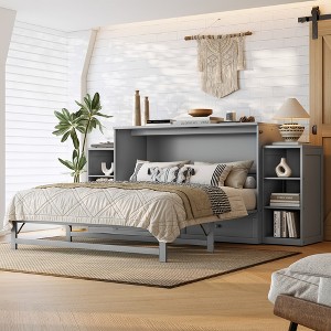 KWPZQEB Murphy Bed, Farmhouse Murphy Cabinet w/ 2 Drawers & Open Shelves, Wooden Cabinet Bed, Hideaway Foldable Platform Bed for Guest Room - 1 of 4