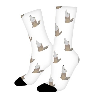 Cartoon Wolf Women Printed Crew Socks Funny Funky Socks Soft Polyester Novelty Gifts for Artists Men