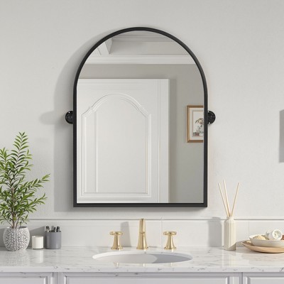 Lirago 31" x 24" Ironwork right angle Hanging Arched Bathroom Mirror with Black Rotatable Hardware for Adjustment