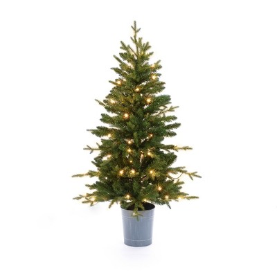 LuxenHome 4.25Ft Pre-Lit Artificial Green Fir Christmas Tree with Metal Pot, Potted Porch Tree with Lights