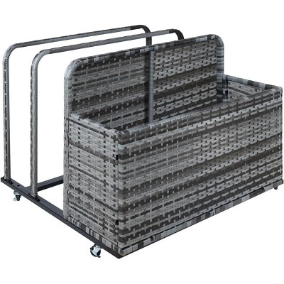 Outdoor Patio Wicker Pool Float Storage with Wheels, Waterproof PE Rattan Poolside Storage Basket Outdoor Rolling Pool Toy Organizer for Floaties,