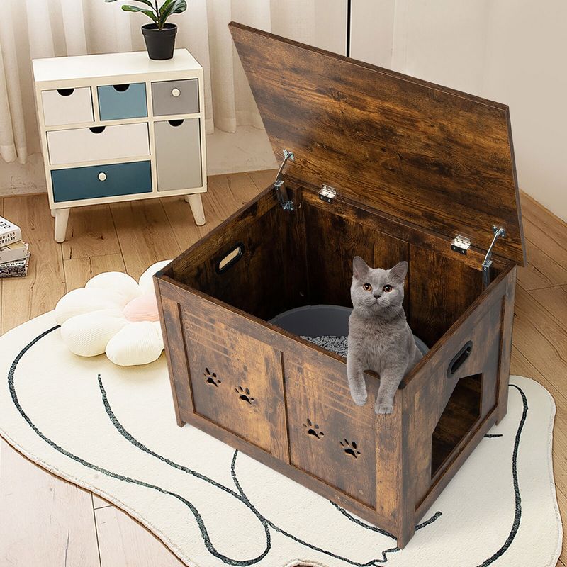 Tangkula Wooden Cat Litter Box Enclosure Flip-Top Hidden Washroom Bench w/ Side Entrance, 2 of 10