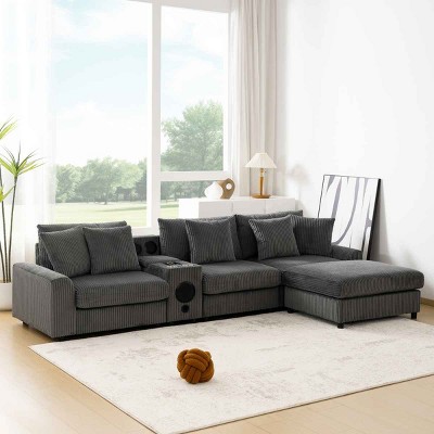 L-Shaped Sectional Sofa with Ottoman, Sofa with Bluetooth Speakers and Multifunctional Console, Corduroy Sofa with Wood Frame-Coolbibila