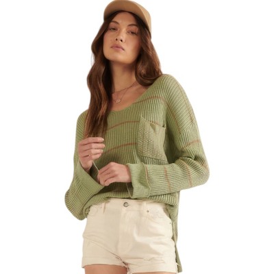 Slickblue Women's Striped Rib-Knit Oversized Sweater, Scoop Neck with Pocket and Side Slits, Sage, Size S-L