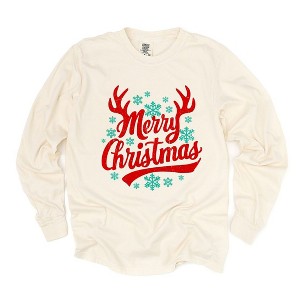 Simply Sage Market Women's Merry Christmas Antlers Long Sleeve Garment Dyed Tee - 1 of 4