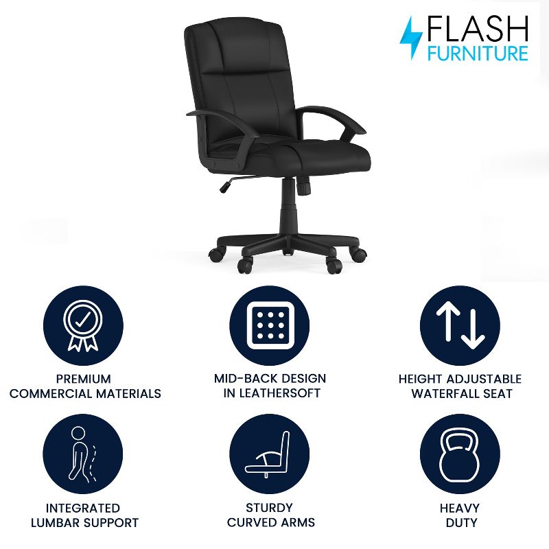 Flash Furniture Coffman Flash Fundamentals Mid-Back Black LeatherSoft-Padded Task Office Chair with Arms, 2 of 17