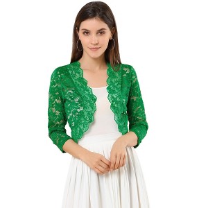 INSPIRE CHIC Women's Elegant 3/4 Sleeve Sheer Floral Lace Open Front Crop Shrug - 1 of 4