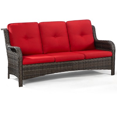 Red Wicker and Metal Outdoor Patio Sofa with Curved Armrests