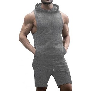 Men's Tracksuit 2 Piece Sleeveless Hooded Workout Tank Top and Shorts Casual Athletic Sports Hoodie Shorts Set - 1 of 4