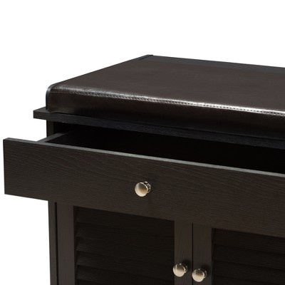 Contemporary Dark Brown Wood 2-Drawer Shoe Storage Bench with Faux Leather Cushion