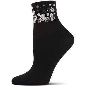 Memoi Women's "Mixed Emotion" Faux-Jewel-Trimmed Ankle Sock Black One Size - 1 of 1