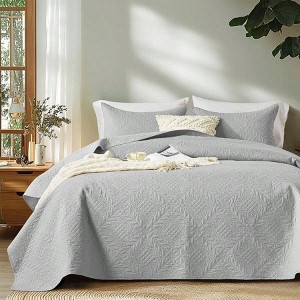 Quilt King Size, Light Gray Bedspreads, Vintage Olive Leaf Pattern, Soft Microfiber 3 - Piece Set 1 Quilt, 2 Shams - 1 of 4