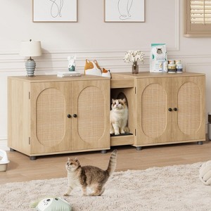 55.1" Double Cat Litter Box Enclosure with Rattan Door - Large Hidden Litter Cabinet for 2 Cats, Includes Litter Pad - 1 of 4