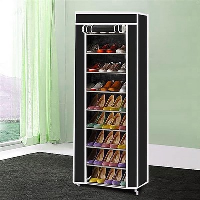 Coucheta 9-Tier Shoe Rack Organizer - Space Saving Storage Cabinet with Dustproof Cover & Side Pockets (24"x12"x63", Black)
