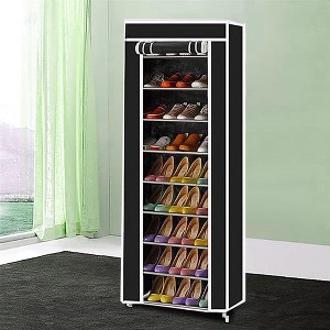 Coucheta 9-Tier Shoe Rack Organizer - Space Saving Storage Cabinet with Dustproof Cover & Side Pockets (24"x12"x63", Black) - 1 of 4