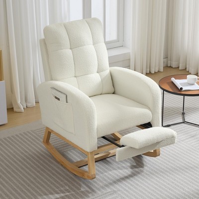 Modern Nursery Rocking Chair, Comfortable Rocker Recliner with Side Pocket, Footrest, Mid Century Upholstered Rocker Glider for Living Room, Bedroom