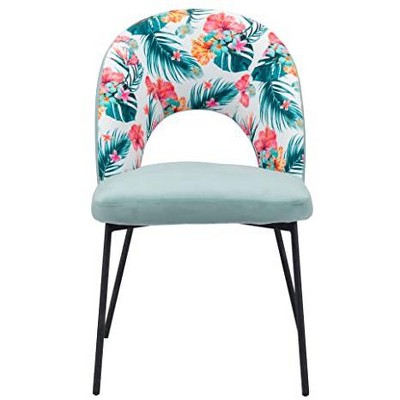 Green Velvet and Floral Print Side Chair with Metal Legs