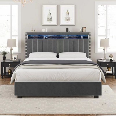 NicBex Lift Up Storage Bed with LED Light,Velvet Upholstered Storage Headboard with Charging Station,No Box Spring Needed,Easy Assembly,Gray