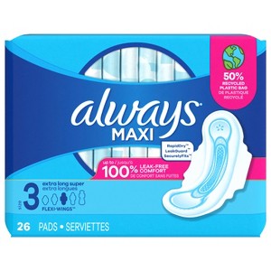 Always Maxi Feminine Pads with Wings for Women, Size 3, Extra Long Super Absorbency, Unscented 26 Count - 1 of 4