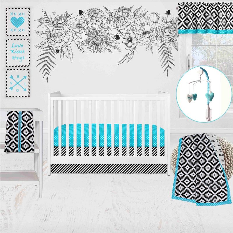 Bacati - Love Black Turquoise 10 pc Crib Bedding Set with 2 Crib Fitted Sheets, 1 of 12