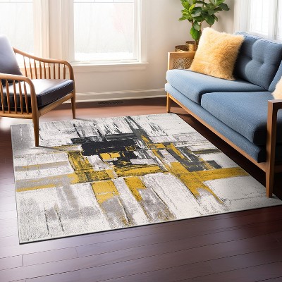 Gold and Gray Abstract Square Area Rug 6'6" x 6'6"