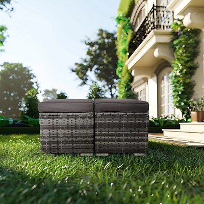 Outdoor Patio Wicker Rattan Storage Ottoman Set of 2 with Cushion,Garden Backyard Upholstered Footstool,Metal Footrest Side Table-Coolbibila