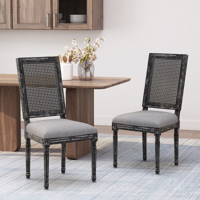 Set Of 2 French Fabric Upholstered Dining Chairs,Rattan Backrest Armless Chair With Rubberwood Frame For Dining Room Or Kitchen-Coolbibila