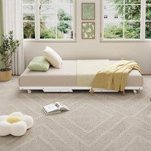 Twin Metal Trundle Bed Frame with Lockable Casters, Pop-Up Roll-Out Guest Bed with Steel Slats, Noise-Free Design - 1 of 4