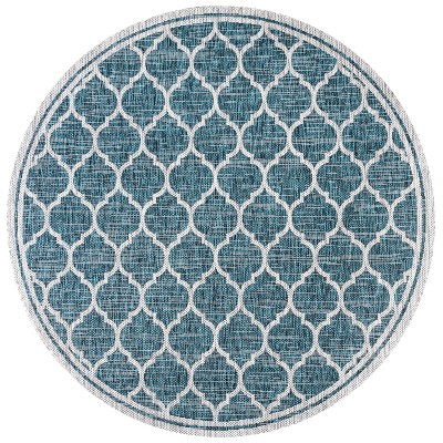 Teal and Gray Round Moroccan Trellis Indoor/Outdoor Rug