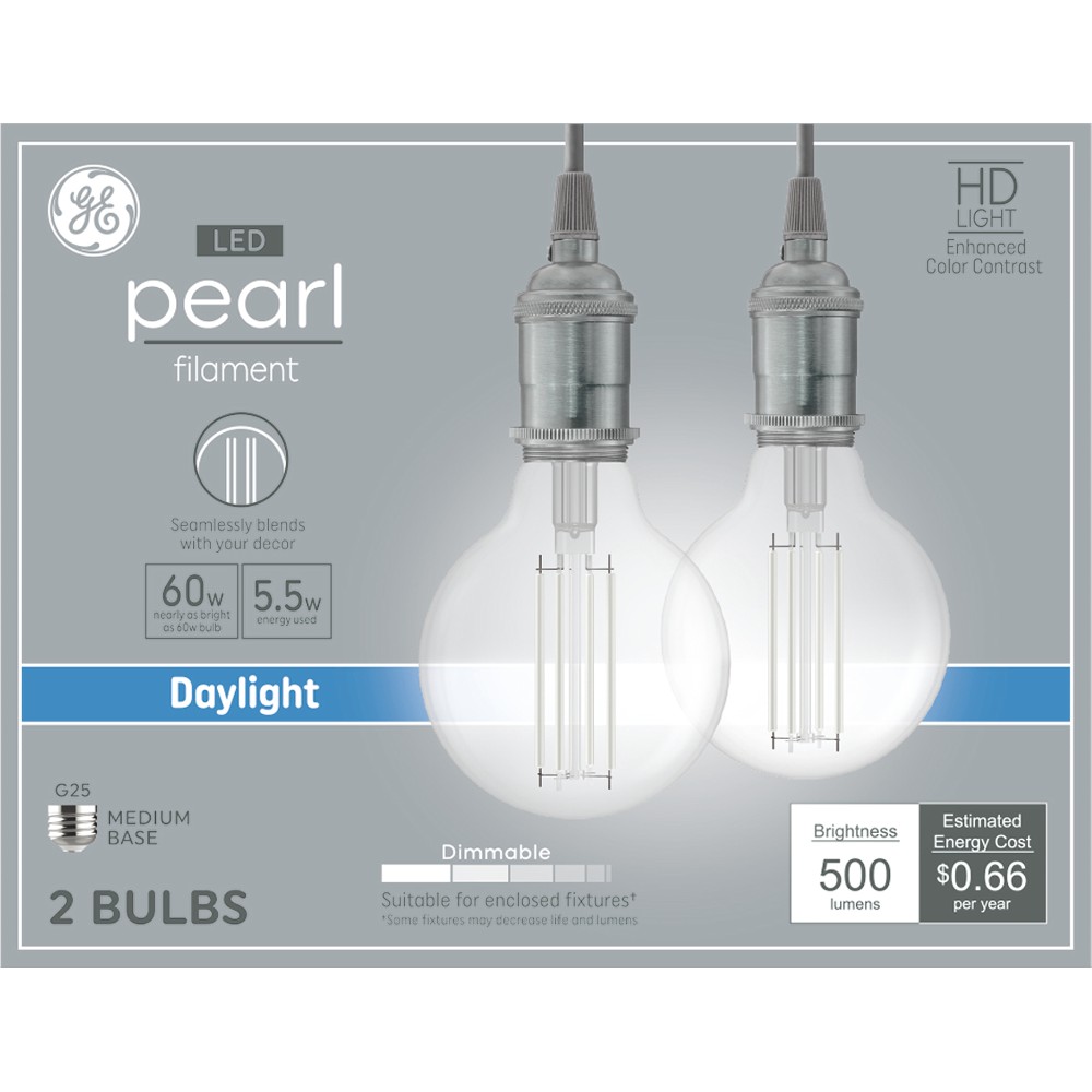 GE 2pk 60W LED G25 Pearl RLX Light Bulbs Daylight