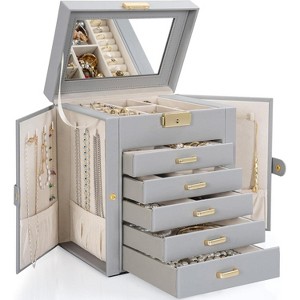 Leather Jewelry Box with Mirror & Lock, 3-Tier Organizer with 2 Drawers for Necklaces & Bracelets - 1 of 4