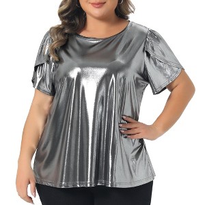 Women's Plus Size Metallic Sparkly Crew Neck Short Sleeve Party Disco Blouses - Agnes Orinda - 1 of 4