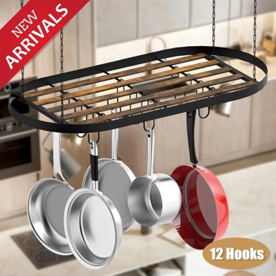 DOMETOUR 33" Hanging Pot Rack: Ceiling Mount Cookware Organizer with 12pcs Hooks, Pots and Pans Hanging Rack Oval Pan Hangers for Kitchen Storage
