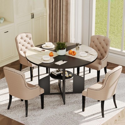 47 Inch Round Dining Table for 4-6 People, Wood Circle Kitchen Table with Storage Shelf & Metal Leg