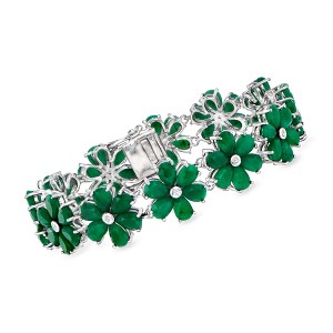 Ross-Simons 30.00 ct. t.w. Emerald and .10 ct. t.w. Diamond Flower Bracelet in Sterling Silver - 1 of 3