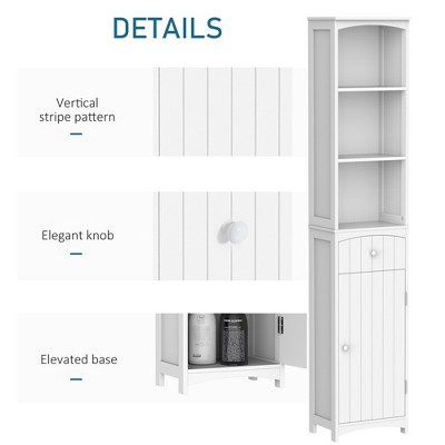 Slim White Free-Standing Bathroom Linen Tower with Storage Shelves and Drawer