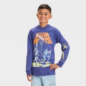 Boys' Star Wars Hooded Long Sleeve Graphic T-Shirt - Blue - 1 of 4