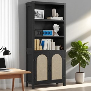 71" Rattan Boho Bookcase,5-Tier Shelf w/Arched Doors & 3 Adjustable Shelves - Pantry Storage Cabinet for Living Room, Home Office,Kitchen - 1 of 4
