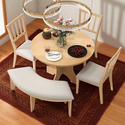 5-Piece Rustic Round Dining Table Set with 3 Upholstered Slat-Back Chairs and Curved Bench, Farmhouse Style for Kitchen or Dining Room