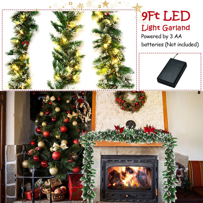 Costway 9ft Pre-lit Christmas Garland w/ Snow Flocked Tips Red Berries 50 Lights & Timer, 5 of 11