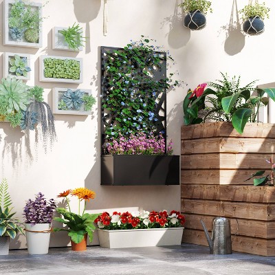 Black Metal Raised Garden Bed with Decorative Trellis Screen