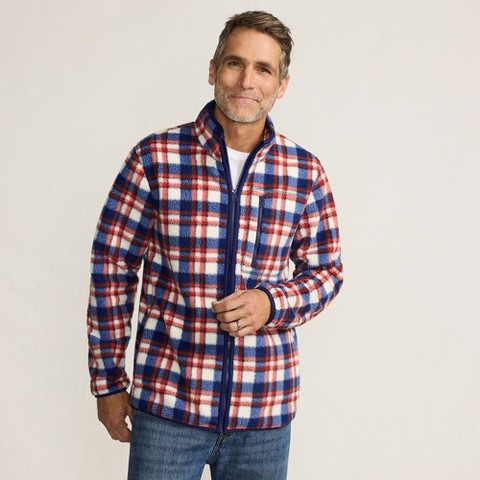 Lands' End Men's Tall Print Full Zip High Pile Fleece Jacket - Large Tall - Navy/Bourbon Plaid