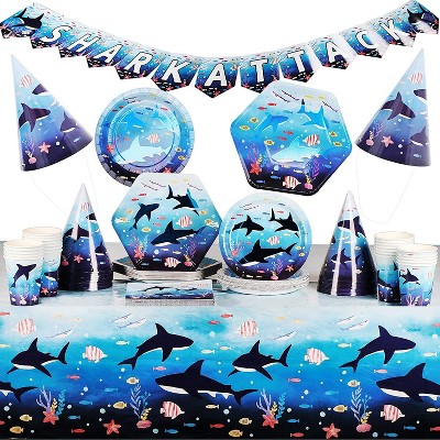 Blue Panda 123 Piece Serves 24 Sea Shark Party Supplies & Decorations, Disposable Dinnerware, Banner, Tablecloth, Hats